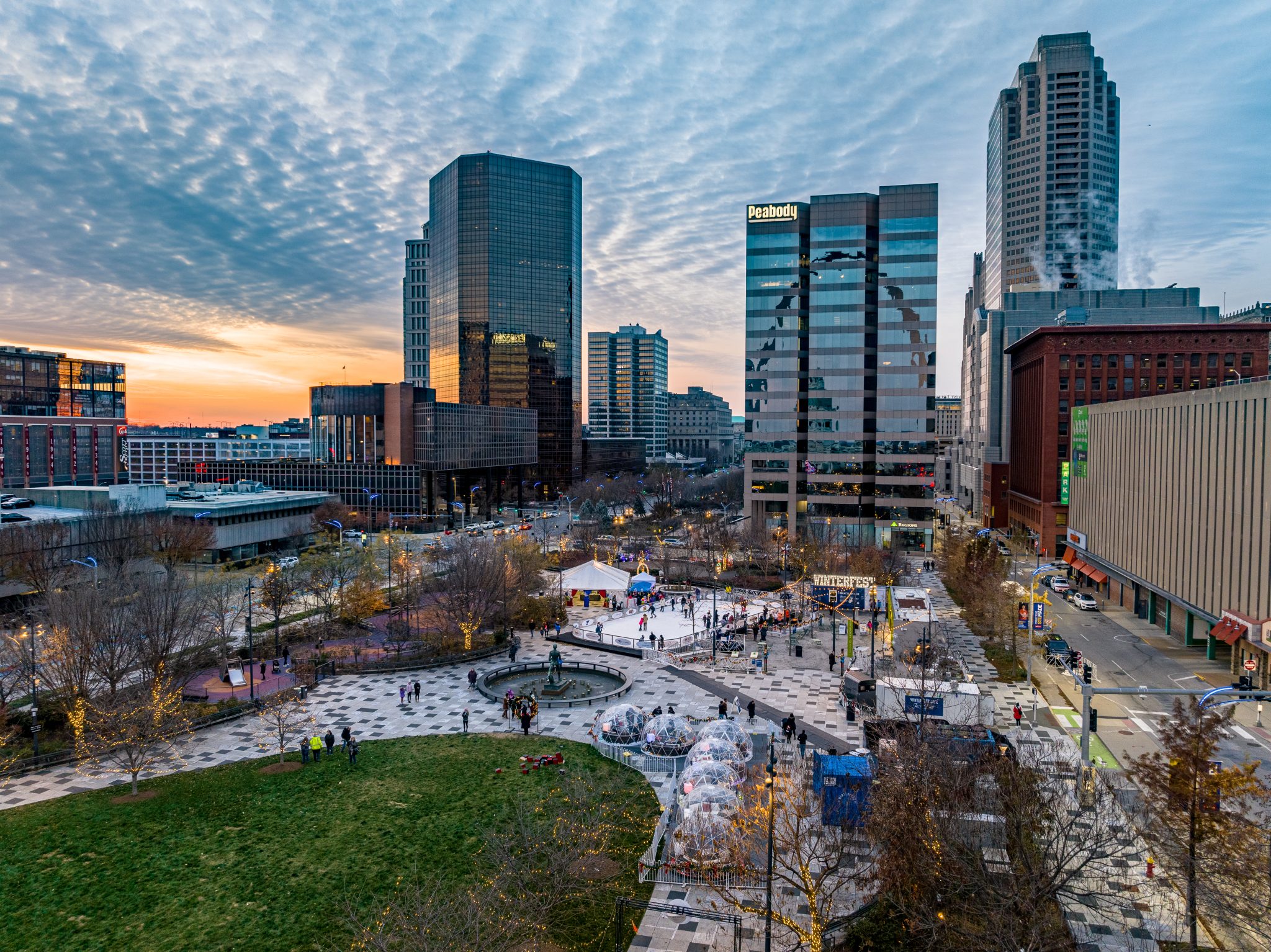 Aerial image of Kiener Plaza decorated for Winterfest. Provided by Gateway Arch Park Foundation.