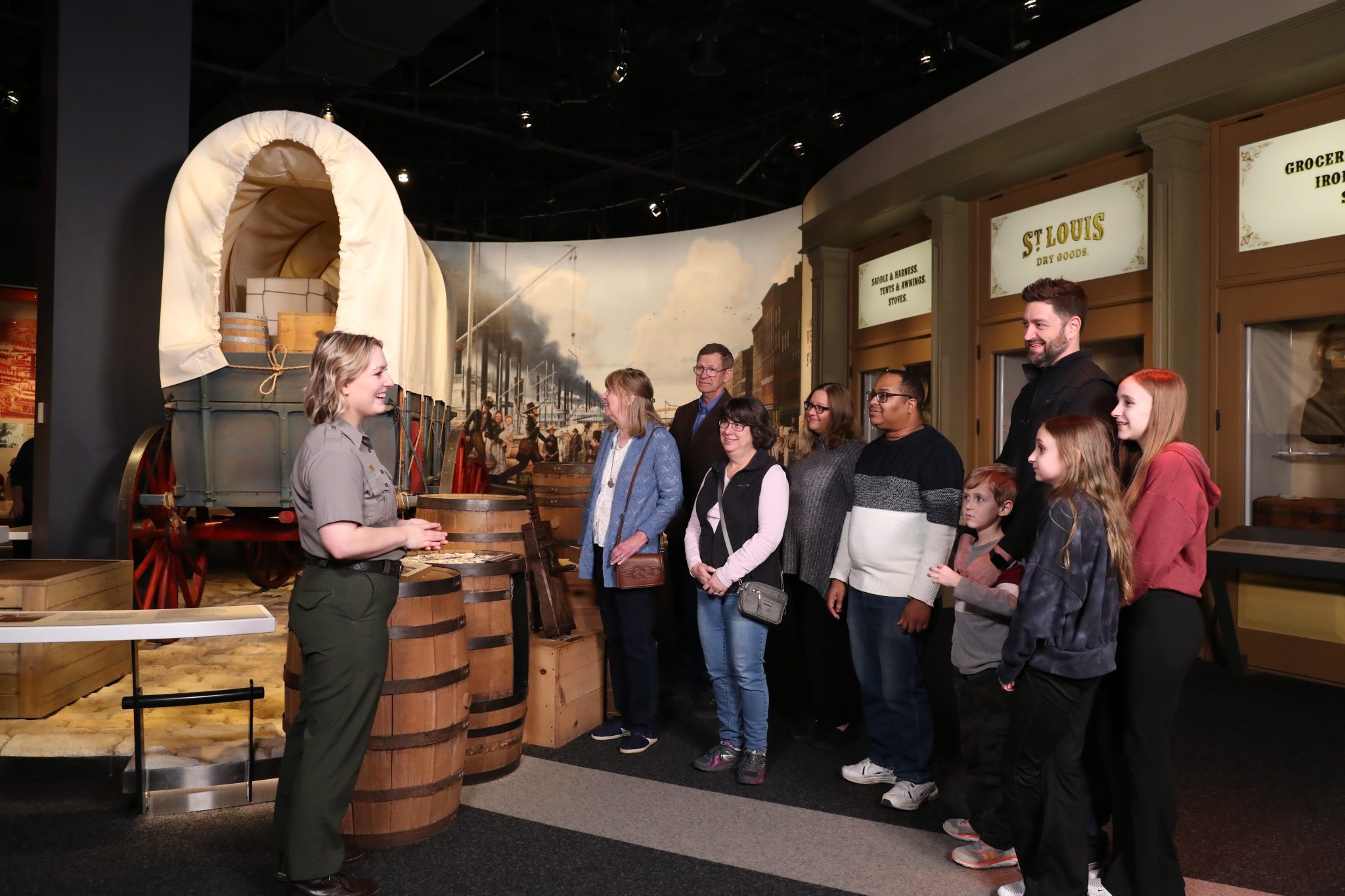 A Gateway Arch National Park Ranger speaks to a group inside the Museum at the Gateway Arch.