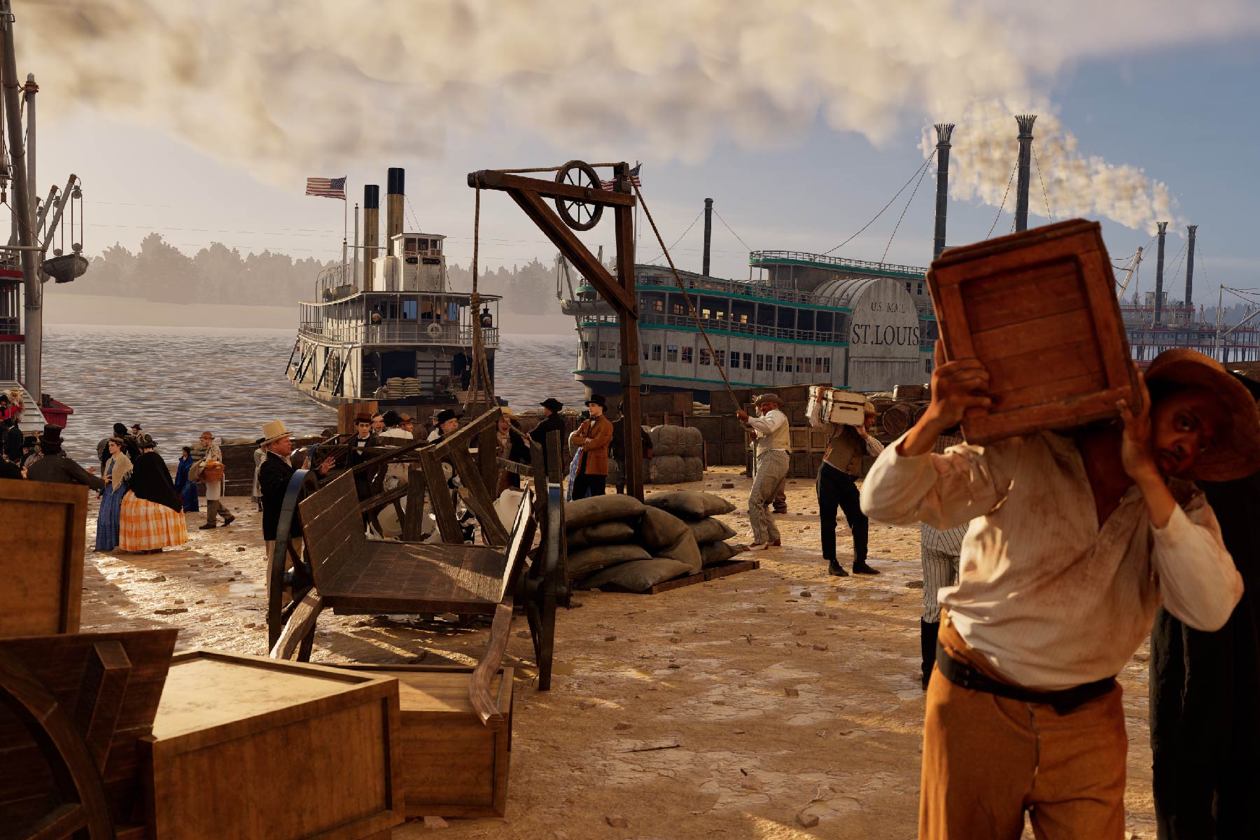 Deciption of 1850's St. Louis riverfront, with boats on the Mississippi River levee, people standing and talking while men are work hauling cargo from the boats.