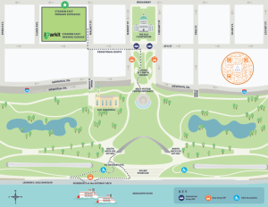 Overhead map of the Arch grounds which includes the walking path from Stadium East garage to the Arch Grounds in a dotted line. 