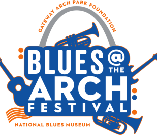 Logo for the Blues at the Arch festival with musical instruments and the Gateway Arch set behind the festival title