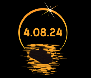 black background with an image of an eclipse over the water with a riverboat on it