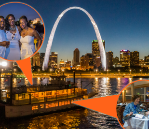 Aerial photo of a riverboat in front of the Gateway Arch during sunset, with multiple smaller images of people enjoying a dinner cruise on the Tom Sawyer Riverboat